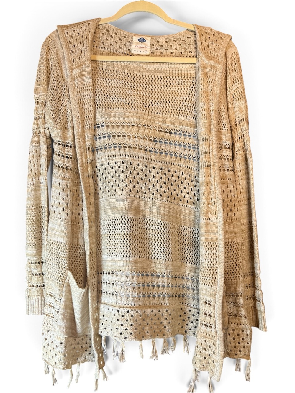 Wild Blue Sadie Robinson Woven Openfront Hooded Cardigan Sweater - Beige